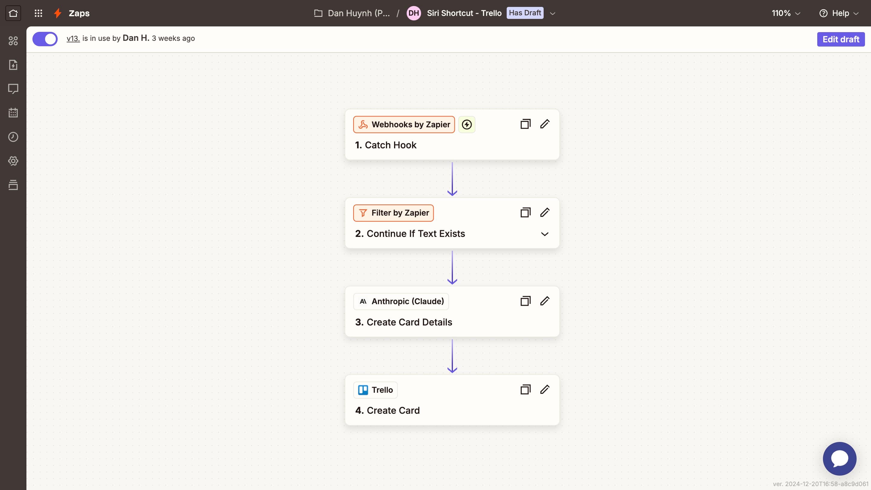 Screenshot of the complete Zapier workflow showing the webhook trigger, ChatGPT/Claude action for processing the text, and Trello card creation with all fields mapped