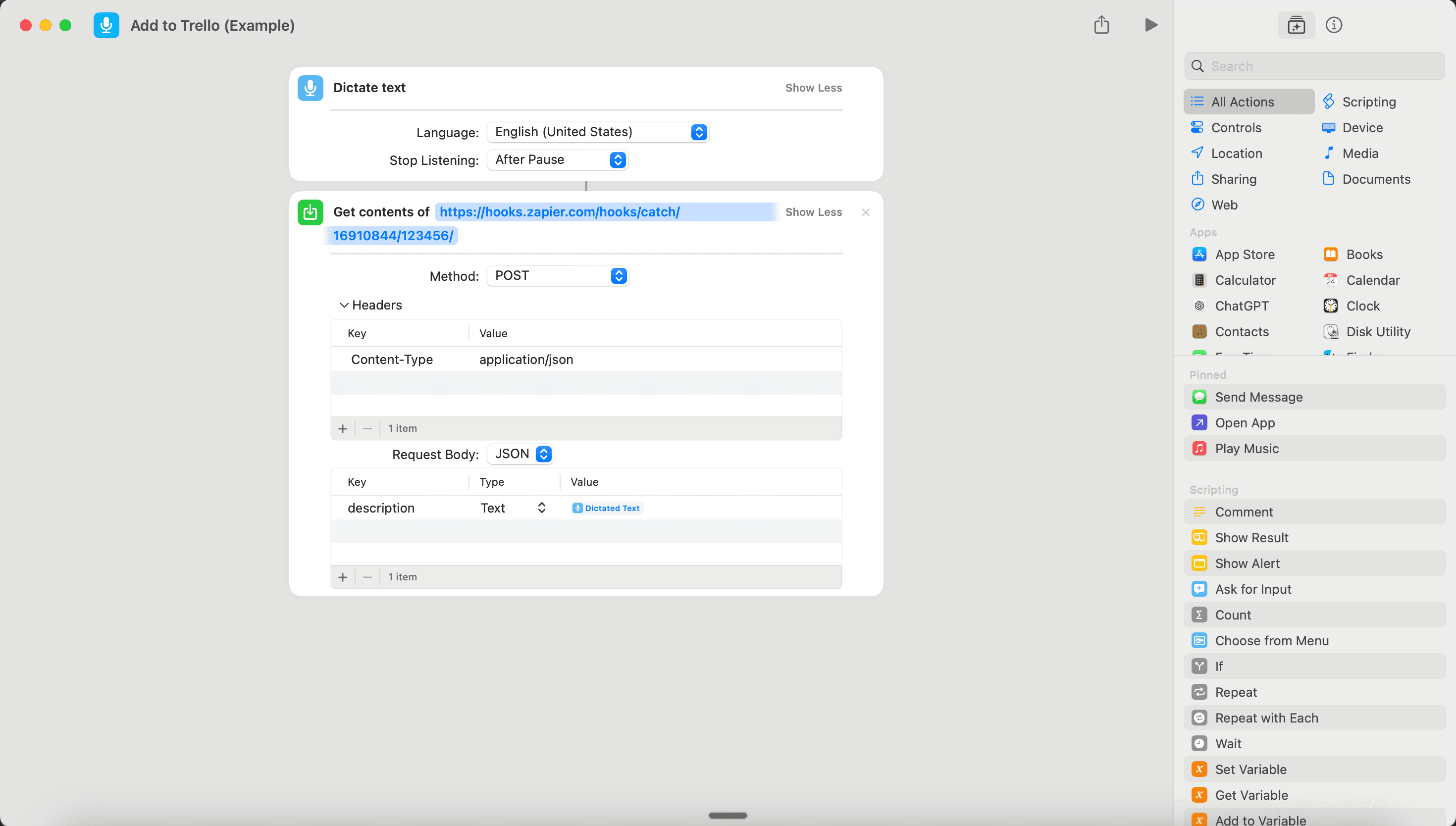 Screenshot of Siri Shortcuts app showing the complete workflow setup with Dictate Text and Get Contents of URL actions configured